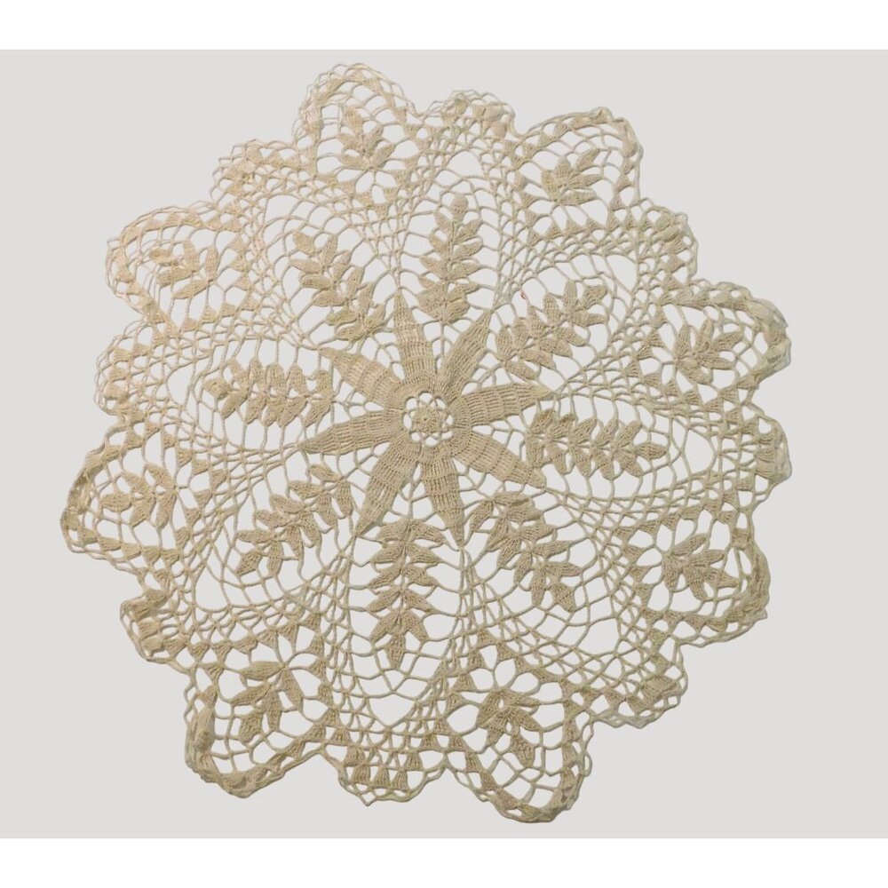 Hand Crocheted Lace Table Top Doily 32" Beige Cotton Round Elegant Vintage Decor